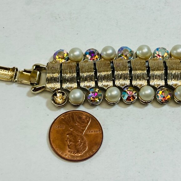 Vintage Coro Aurora Borealis Bracelet Rhinestone Faux Pearl Link Gold Flawed - Picture 7 of 9